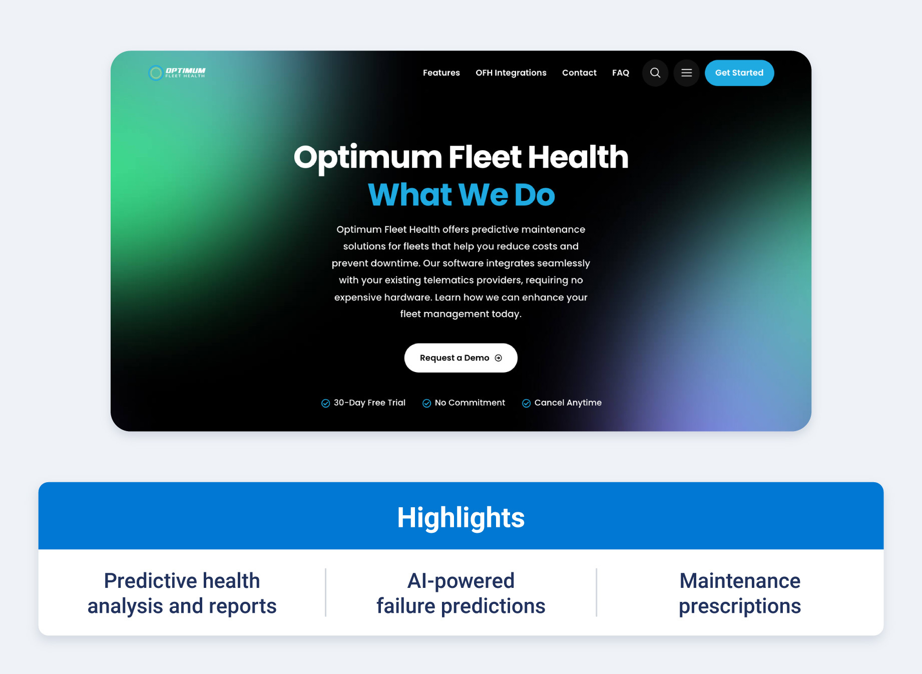 Optimum Fleet Health dashboard showing the Detect, Predict, Prescribe maintenance workflow and failure prediction timeline.